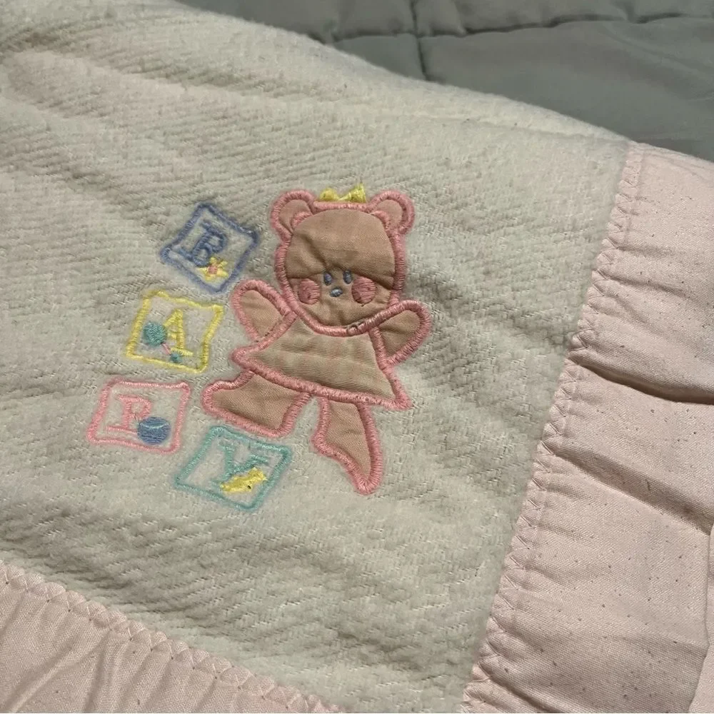 VTG Bundles by Sterncraft Baby Blanket Bear Blue Blocks Acrylic USA Satin Pink